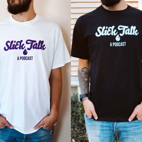 Blackstone Joe modeling two versions of the Slick Talk t-shirt, one black, one white.