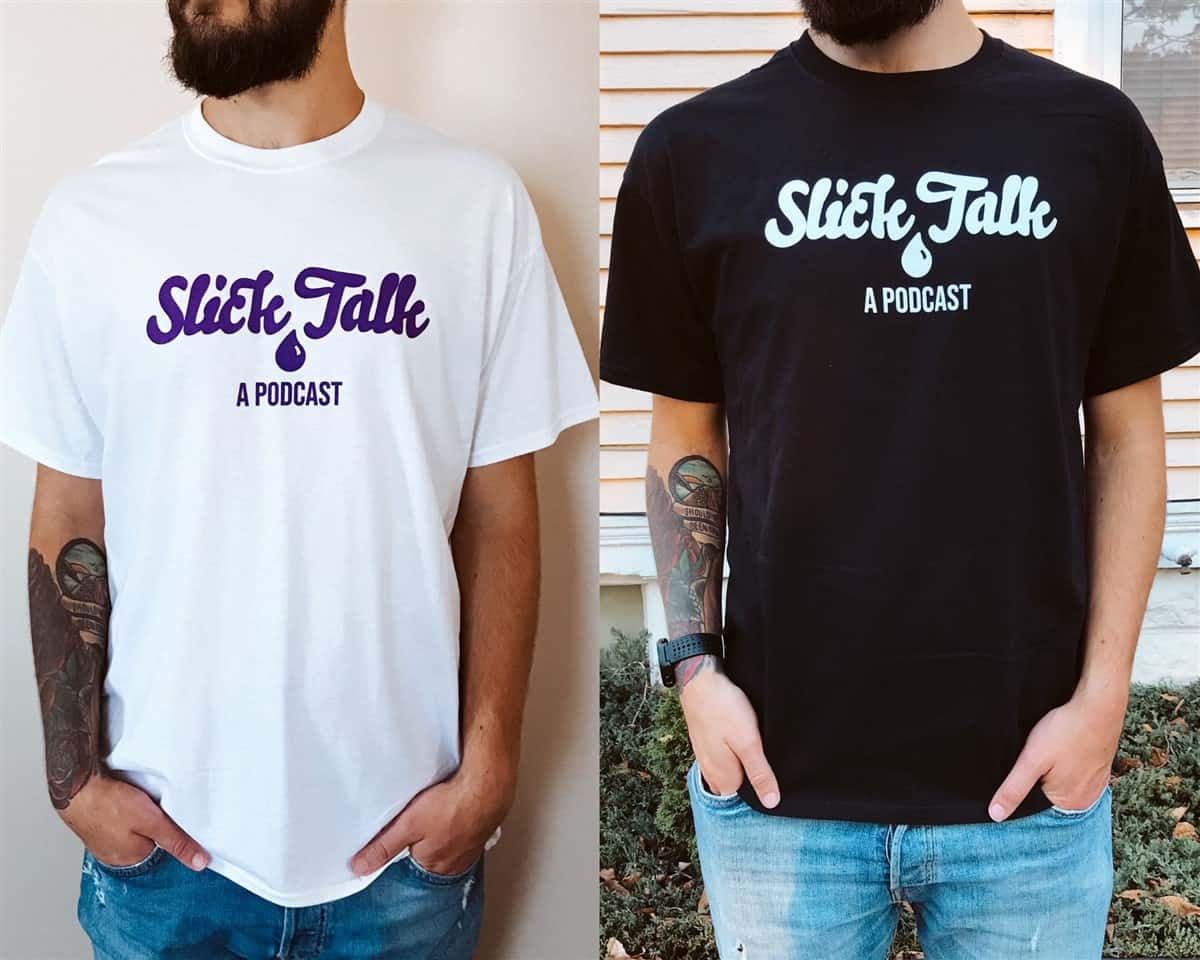 Blackstone Joe modeling two versions of the Slick Talk t-shirt, one black, one white.