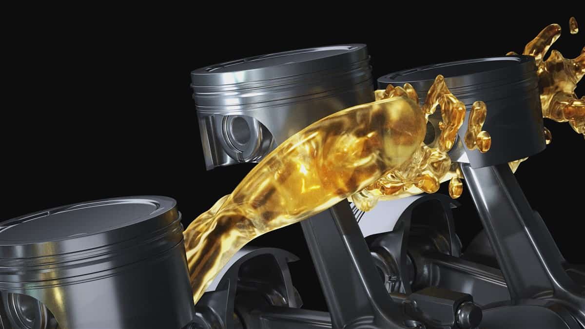 Computer-generated image of engine oil splashing between pistons in motion