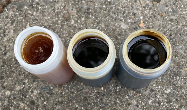 The color of three samples of oil from a Toyota Corolla