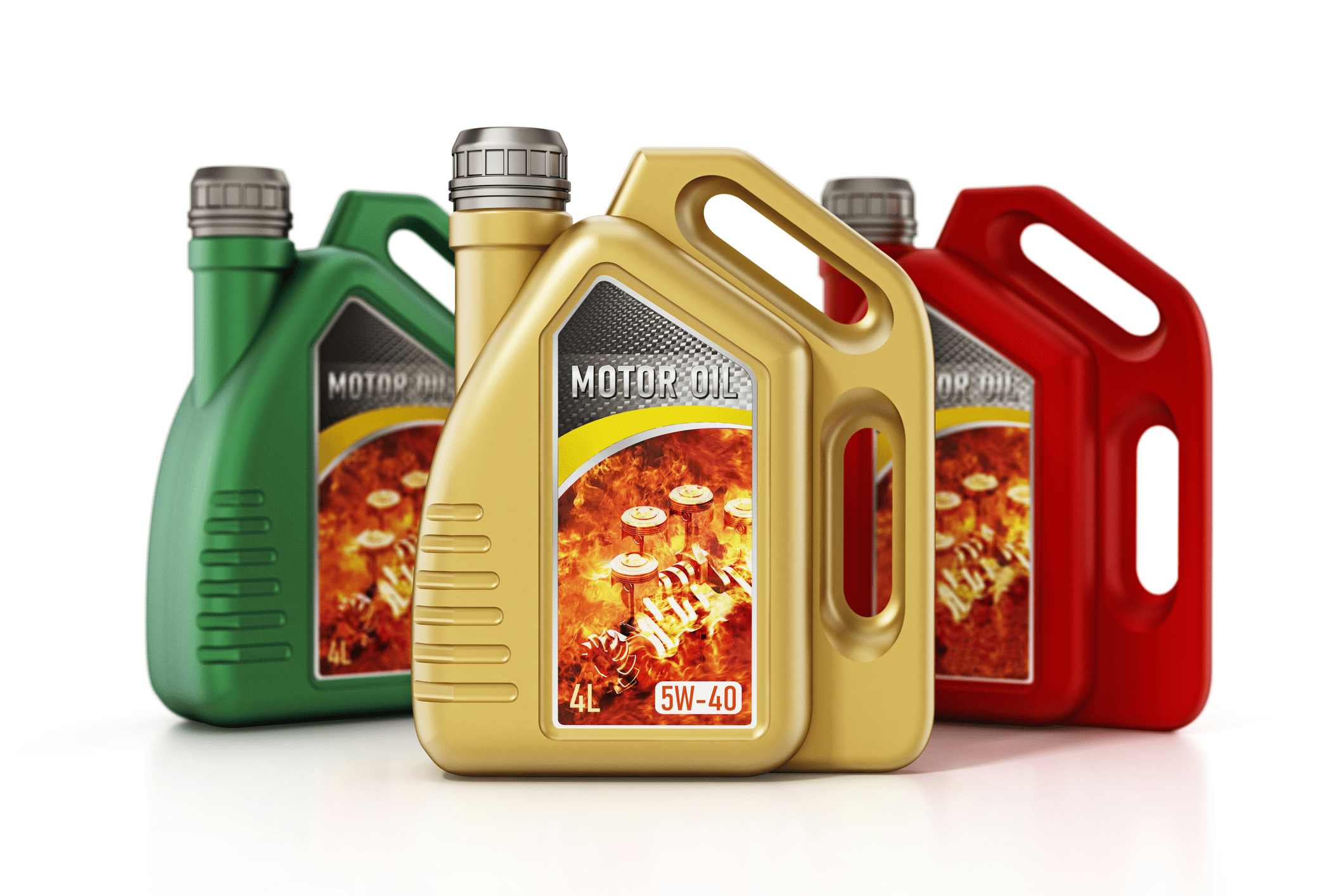 Three jugs of engine oil in green, gold, and red