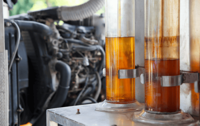 Oil held in test tube racks with an engine in the background