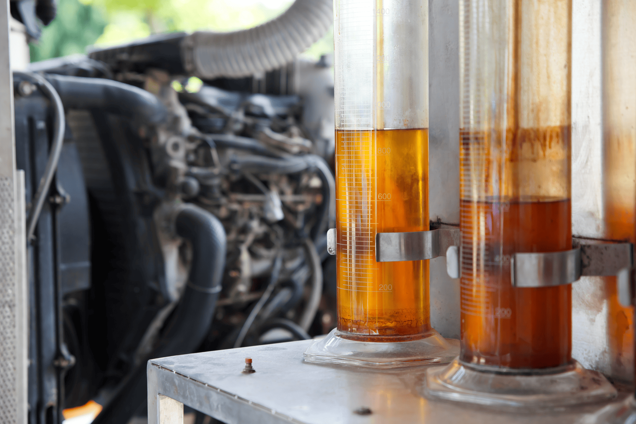 Oil held in test tube racks with an engine in the background