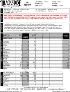 An oil analysis report from a Subaru 2.5L Turbo engine showing increasing copper and silver, which are symptomatic of developing bearings problems.