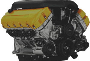 A shiny, new engine in a V-configuration with a bright yellow rocker cover.