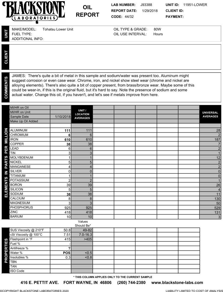 Raw water was found in this Tohatsu marine lower unit sample. With iron at more than 600 ppm and aluminum at 111 ppm, steel parts are likely wearing poorly.