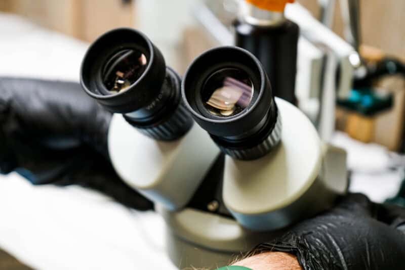 A close-up up the business end of the microscope.