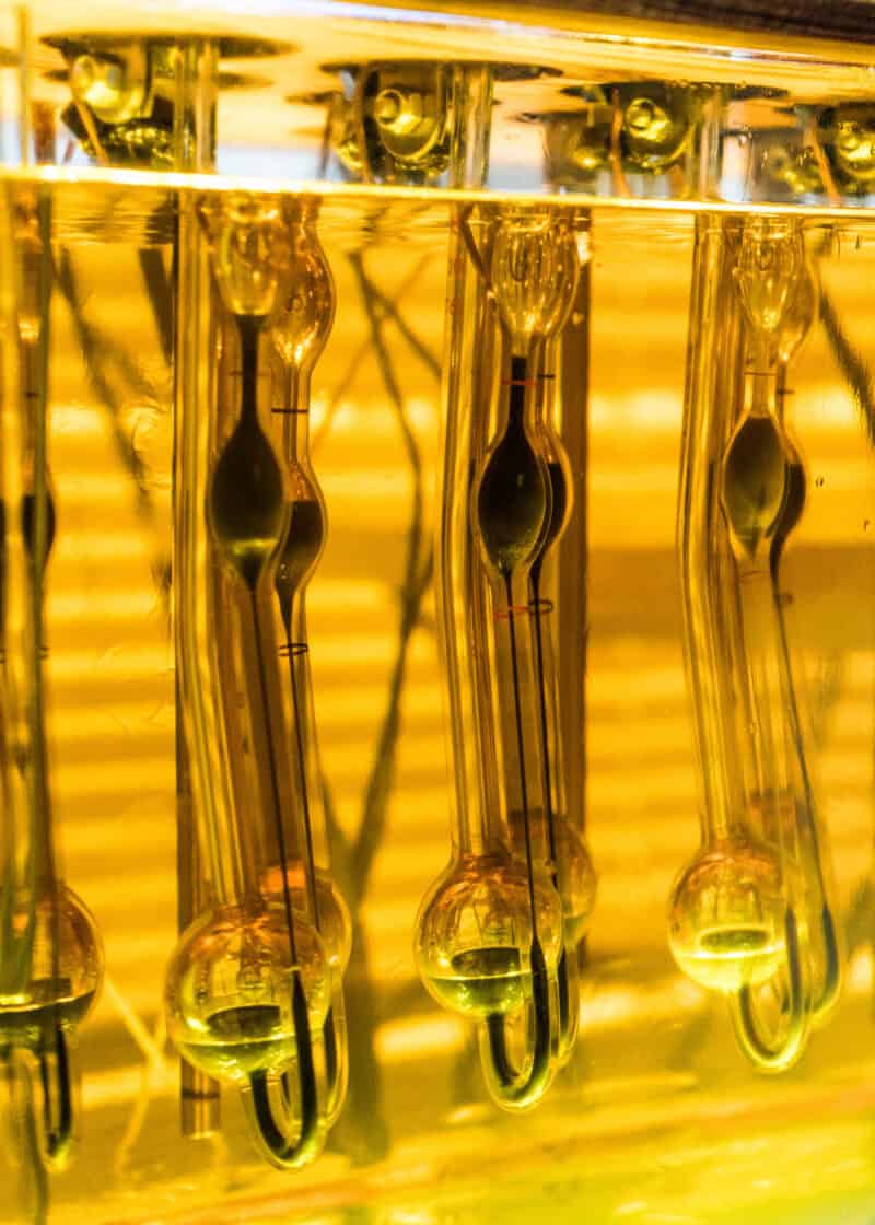 Viscosity test tubes lined up in a bath of golden oil, with a measured volume of used engine oil in each tube, ready for testing by one of our lab technicians