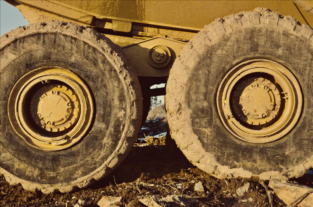 close up of wheels on bulldozer